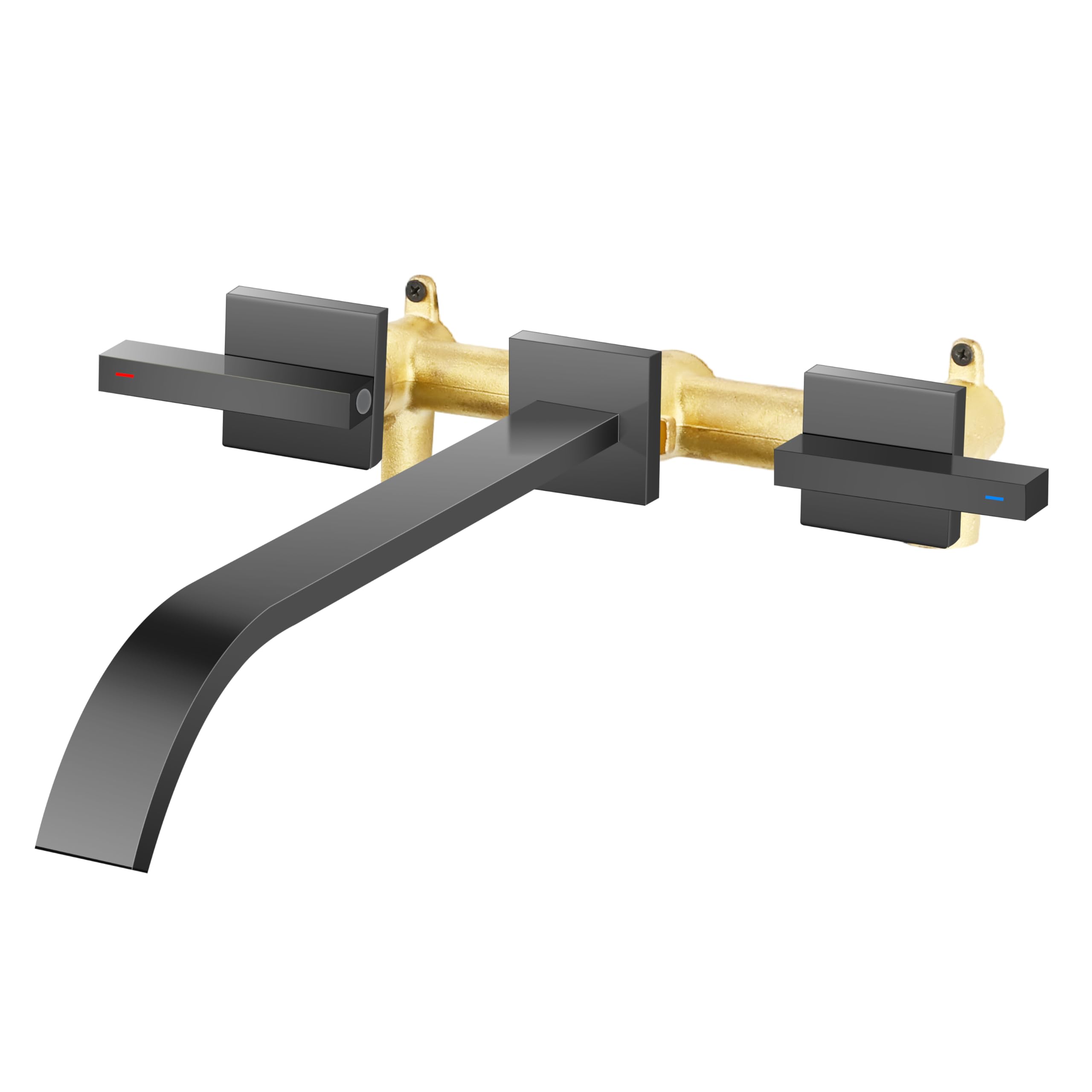 Wall Mount Tub Filler AUU Matte Black Bathtub Faucet Long Spout Reach, 2 Level Handles Wall Mount Tub Faucet with Brass Rough in Valve Included