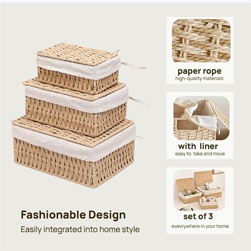 Small Wicker Basket with Lid Paper Rope Storage Baskets for Shelves Set of 3 Tampon Holder with Lid and Removable Liner for Bathroom Makeup Closet Drawer Desk Organizer (Khaki)(Khaki)