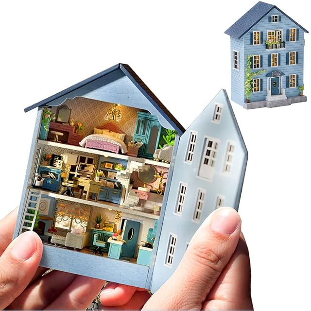 Casa de muñecas Kit de Muebles de Madera en Miniatura, Mini casa de muñecas Hecha a Mano con LED, Escala 1:24