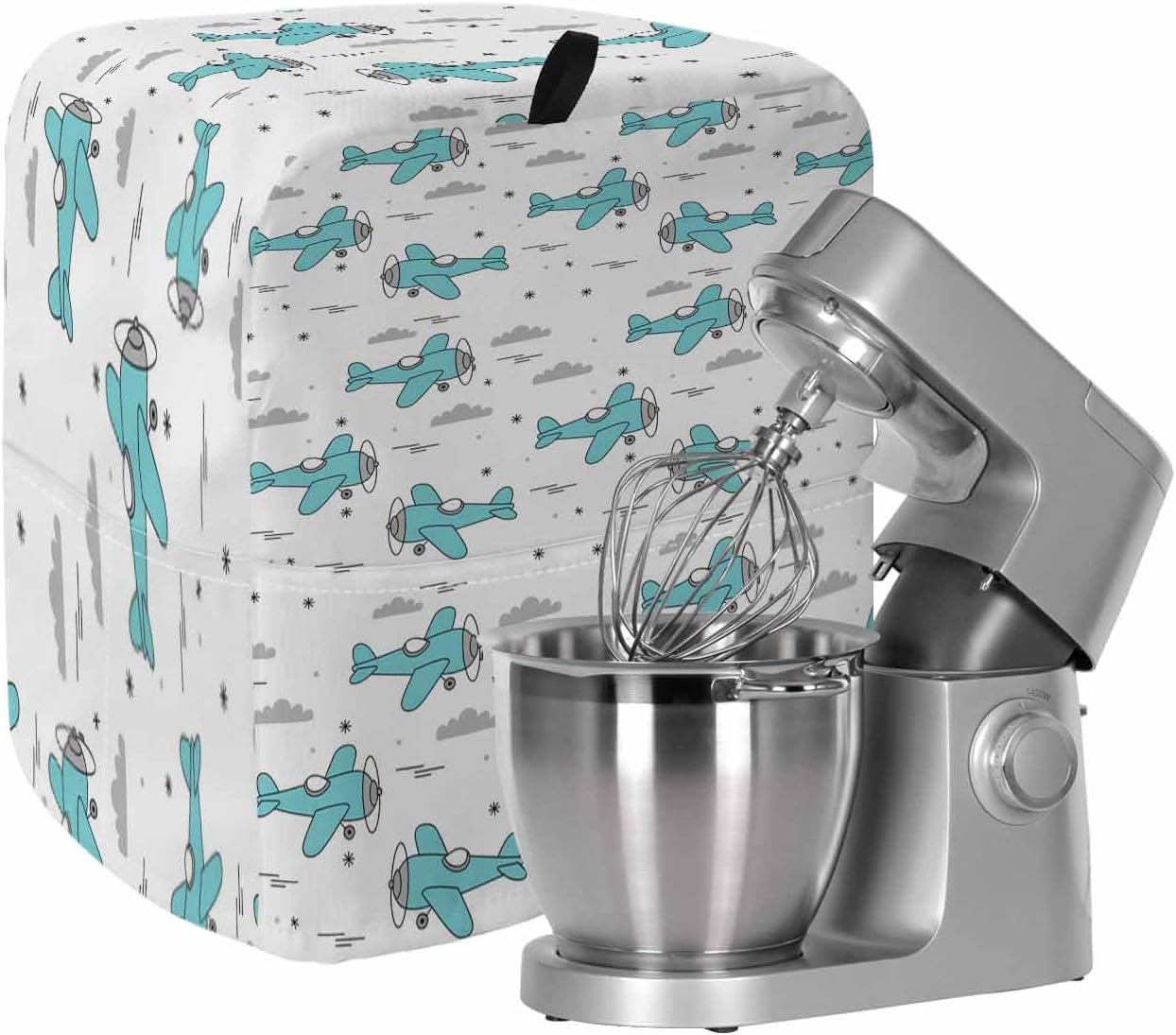 Turquoise Airplane Stand Mixer Cover with Storage Pocket, Waterproof Kitchen Mixer Covers, Modern Abstract Art Cartoon Clouds Kitchen Appliance Dust Cover Compatible with 5-8 Quart Mixers