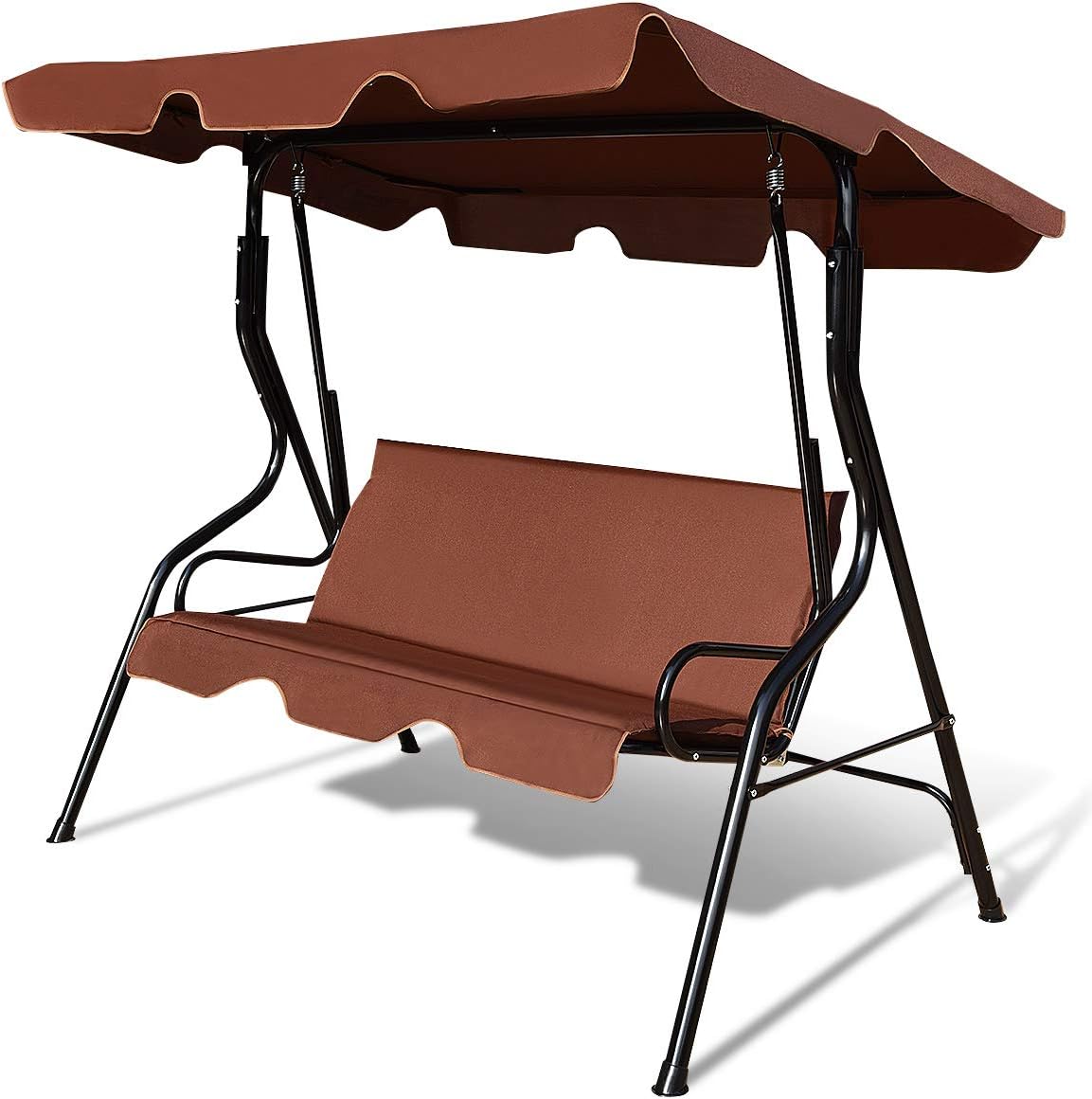 Tangkula 3 Person Porch Swing, Patio Swing with Removable Cushion & Powder-Coated Steel Frame, Outdoor Swing with Canopy for Porch, Backyard, Garden, Balcony (Coffee)