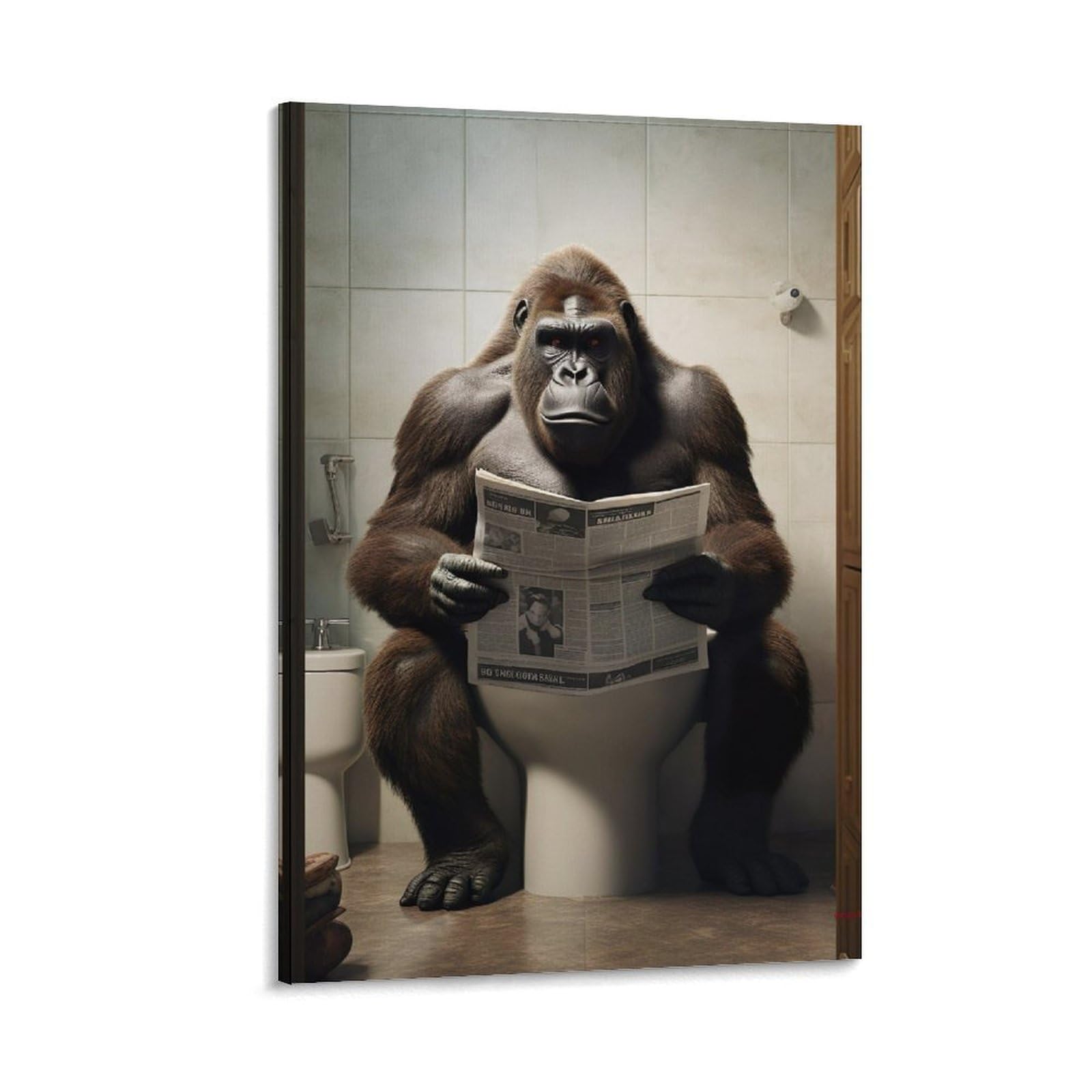 Qzfncoyu Frame-Style Gorilla Sitting On Toilet Reading Newspaper Funny Retro Style Animal Animal Art Poster Funny Bathroom Humour Poster Canvas Poster Bedroom Decor Landscape Office Room Decor Gift 12X18inch(30X45cm)