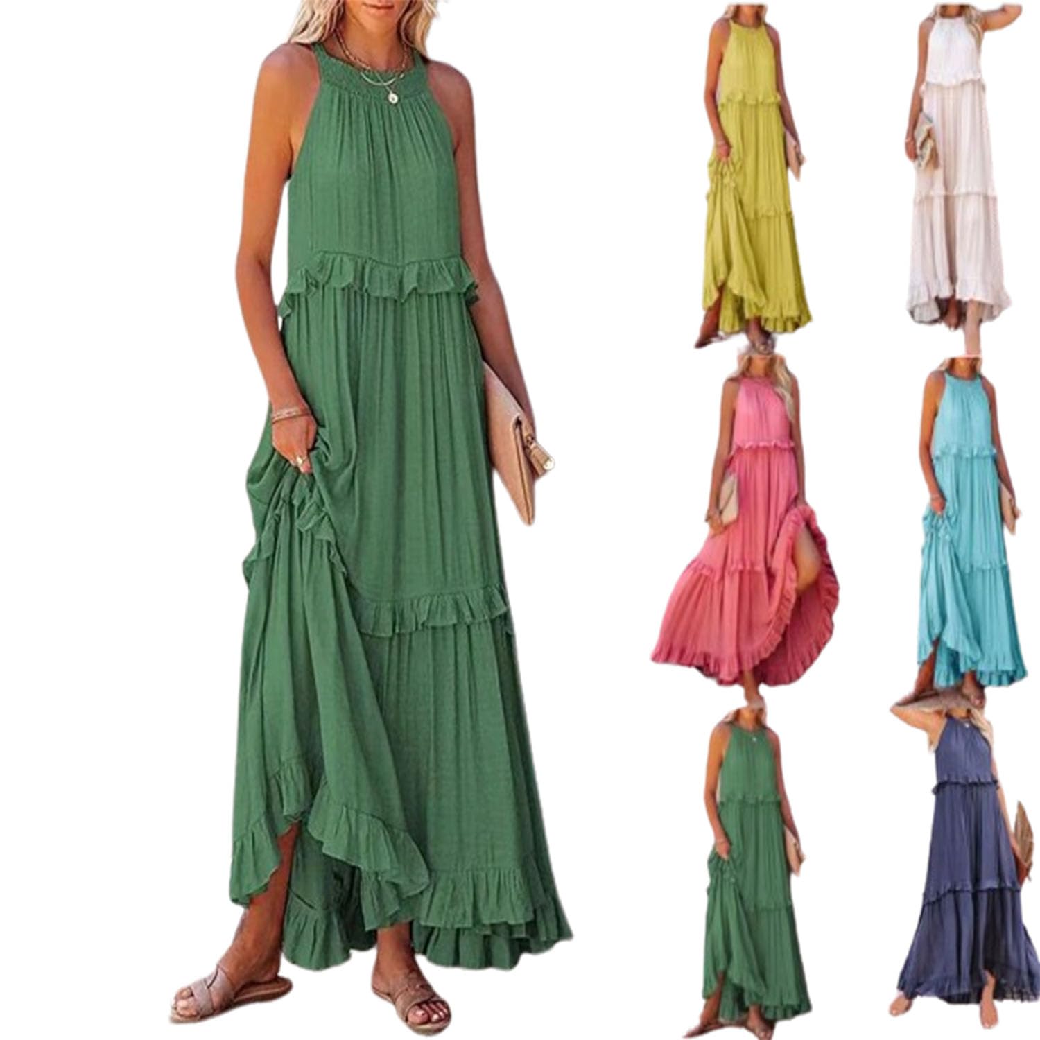 KEKEE Vestido de Verano Casual con Volantes, Vestidos Largos de Verano para Mujer 2024, Vestidos Largos Halter para Mujer