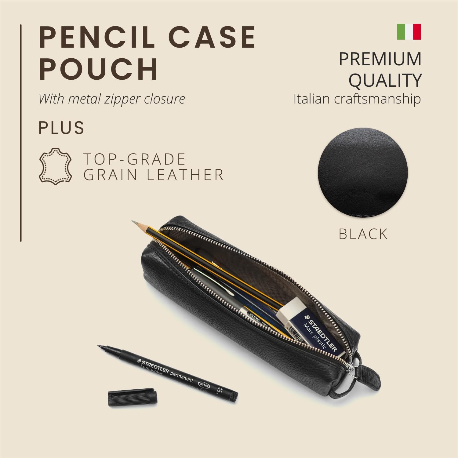 Astuccio Porta Penne in Pelle Martellata, Fatto a Mano in Italia - Elegante Portapenne Cuoio con Chiusura Zip, Porta Penne Astuccio in Pelle.