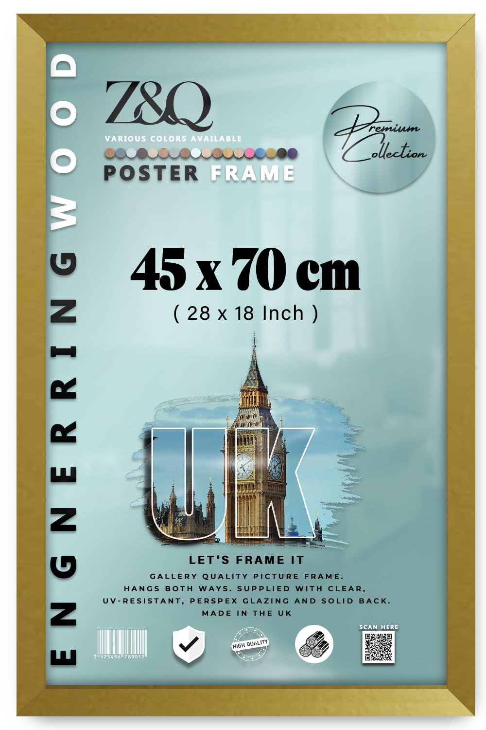 Z&Q - Rectangle MDF (45 x 70 CM) Picture Frame | For Wall Décor 28 x 18 Inch Frame with Wood Finish for Home Decor [ Gold ]