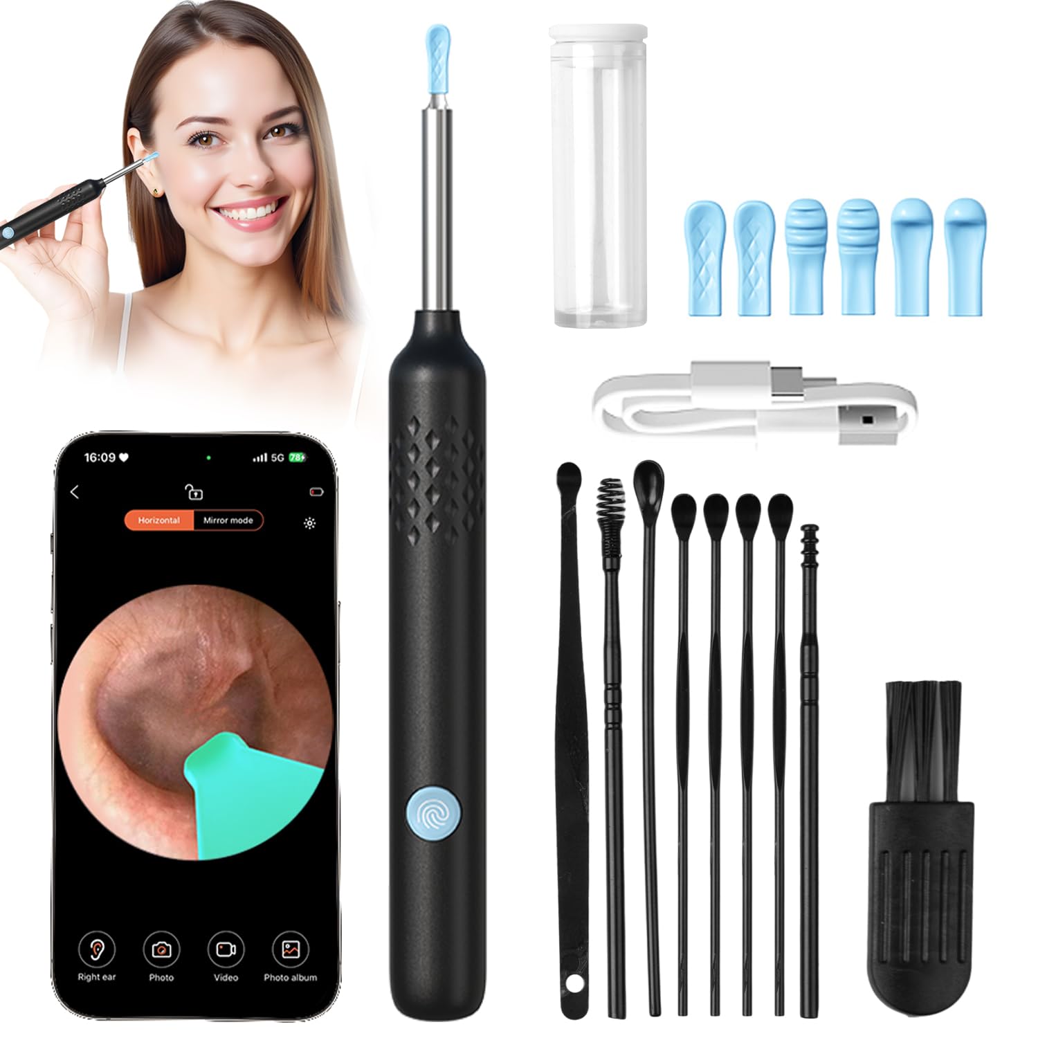 2025 Upgraded Visual Ear Cleaner with 1080P HD Camera & 6 LED Lights, Ear Wax Removal Tool with 6 Ear Spoon for Adults/Kids,Waterproof, 360° Rotating