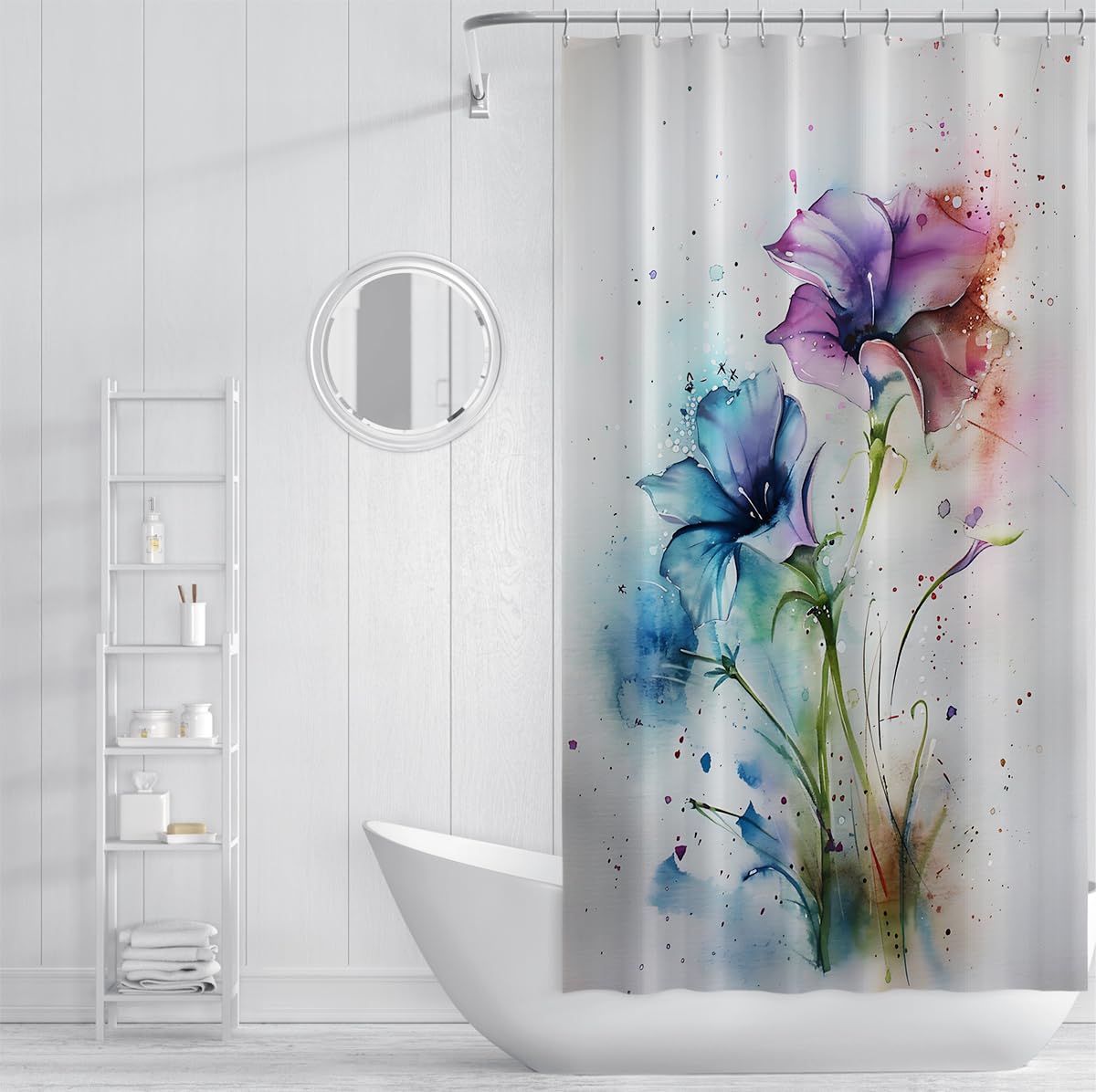 Rideau Douche Artistique en Fleur lys avec Crochets, décoration Salle Bain Aquarelle en Fleur Bleu Sarcelle Violette vibrante, Rideau Bain en Tissu botanique Abstrait Moderne W220xL180 cm