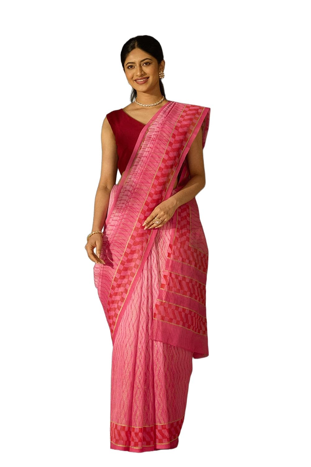 taneira Dark Pink Pure Silk Cotton Block Printed Bengal SareeWith Unstitched Blouse(SAPP01AA7177-Dark Pink)-picture-10
