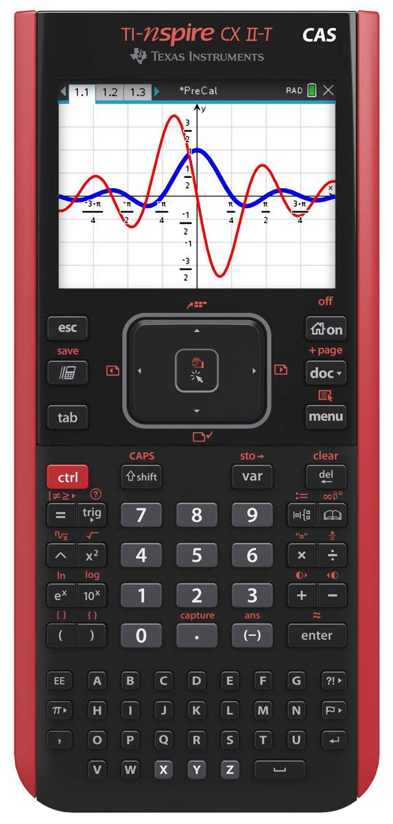 Texas Instruments TI-Nspire CX II-T CAS Grafikrechner – farbiges Display, Press-to-Test, für Sek II & Abitur, inkl. Schutztasche, Arbeitsbuch, Schutzfolie & Geometrie-Set (Rot)