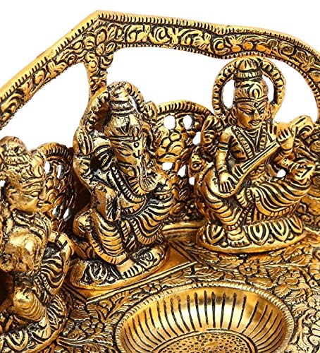 Chhariya Crafts Metal Lakshmi Ganesha Saraswati with 5 Face Diya for Home and Office (Gold_9 X 6 X 5)
