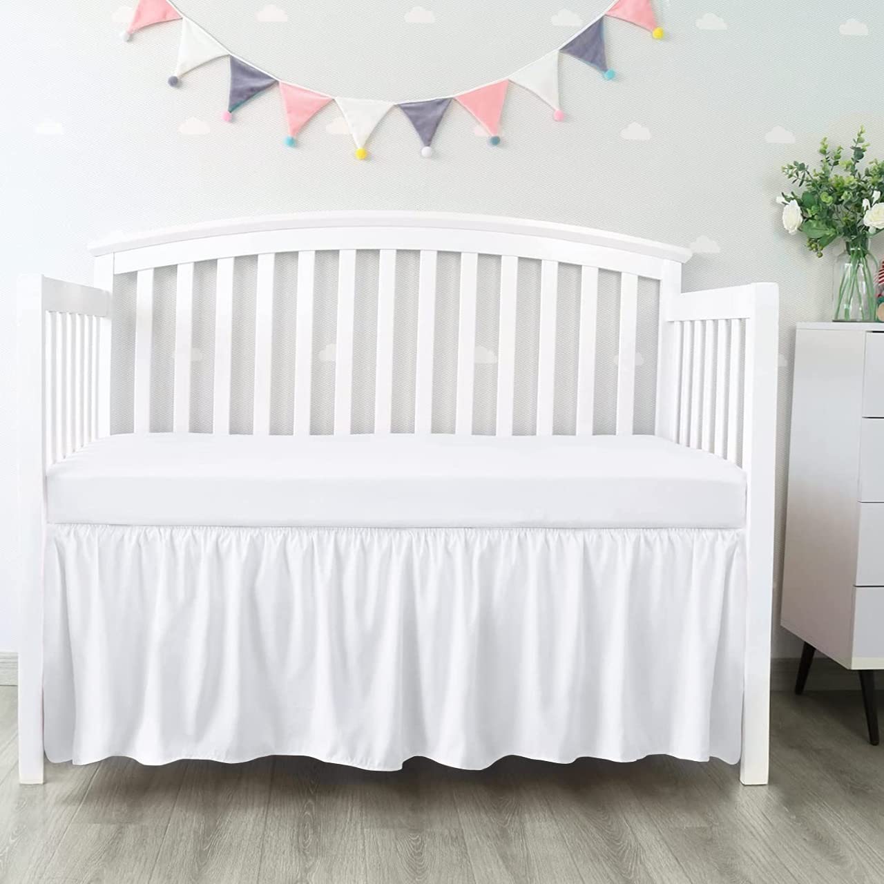 Crib Ruffle Bed Skirt Microfiber Nursery Bedding Skirt for Baby Girls (28” x 52” x 14’’) Inch - White Solid