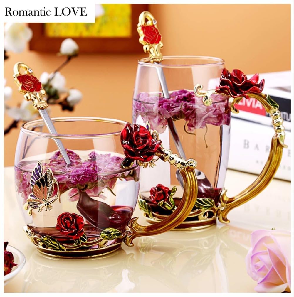 Romantic LOVE Set Mit 2 Ausgefallenen Teetassen, Kaffeetassen Aus Glas, 330 Ml ~ 350 Ml, Klarglastassen Mit Löffel, Set, Muttertagsgeschenke, Rosenblume, Emaille, Geburtstag (blau hoch rot kurz)