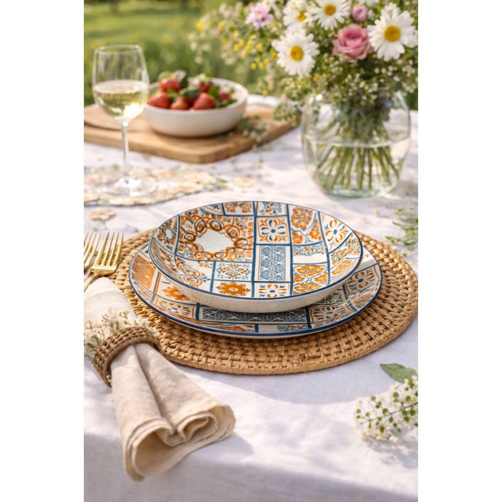 Servizio Piatti 12 Pezzi in Ceramica – Linea Maiolica Azzurra e Arancio –– Set Tavola Elegante e Resistente