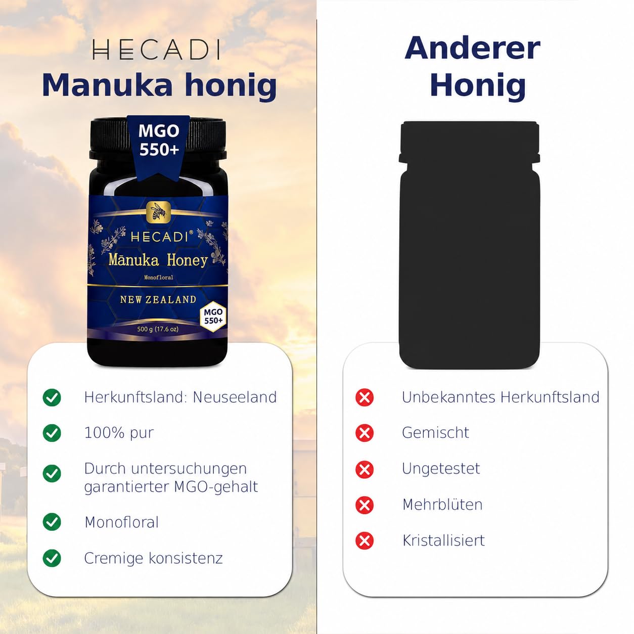 Manuka Honig 550+ MGO Hecadi® Original Manuka-Honig aus Neuseeland 500 g