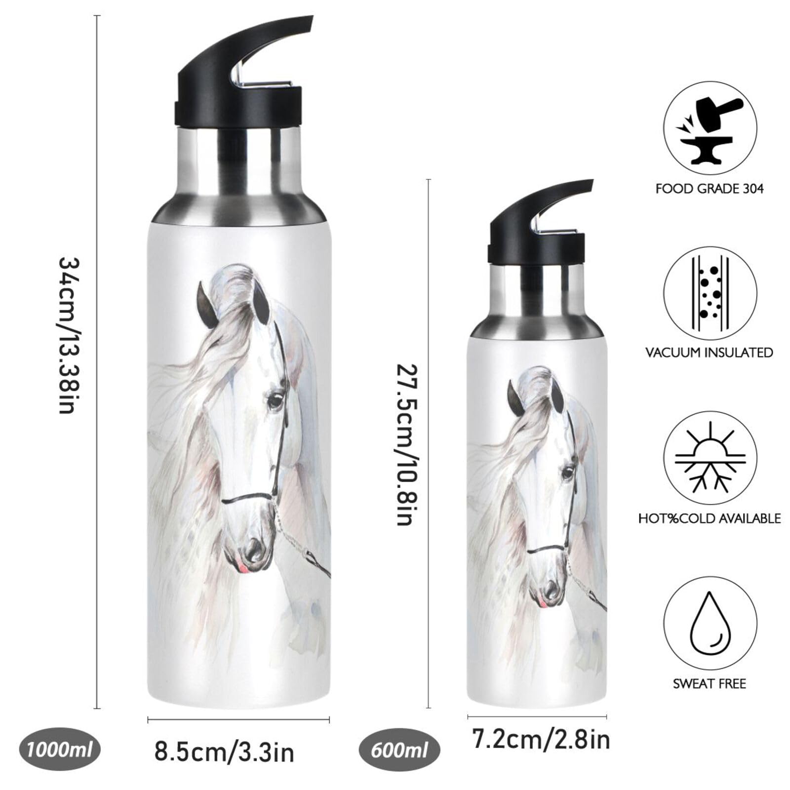 Mnsruu 20 Oz Water Bottle with Straw White Horse Stainless Steel Water Bottle for Traveling Sports Leakproof Insulated Water Bottle - Image 2