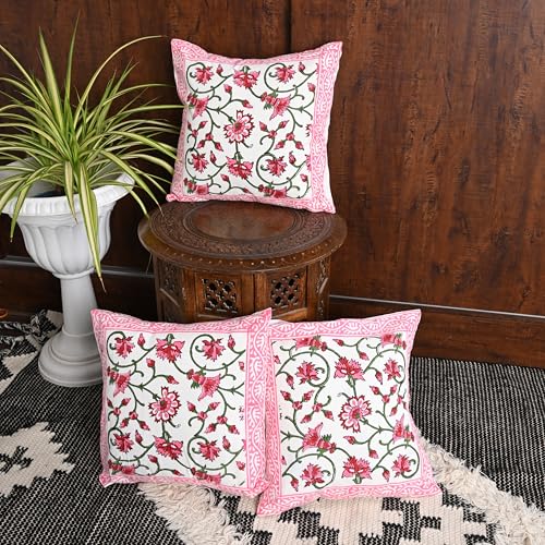Image of Cotton Cushion Covers 16x16 Inch - Hand Block Floral Print Pillow Covers for Sofa, Couch & Bedroom (Pack of 5) (Pink)