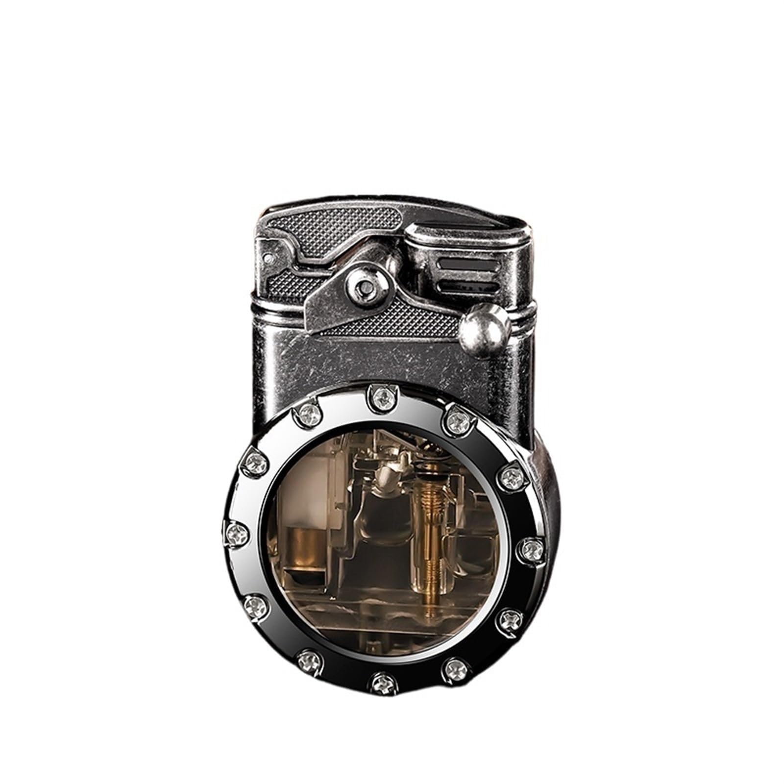 Encendedor de doble llama estilo steampunk vintage con ventana de gas visible