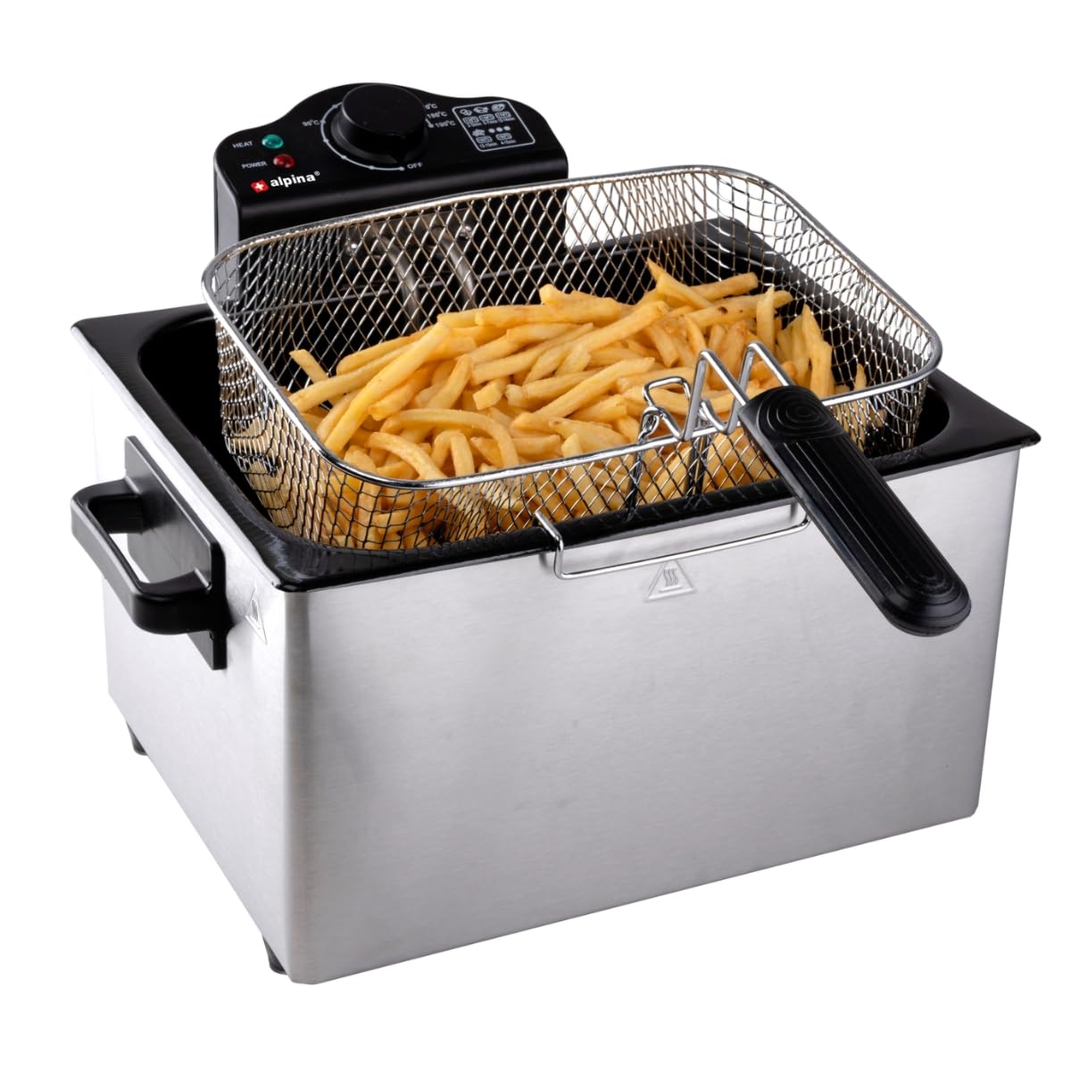 alpina Doppel Friteuse 5L WJ-801 - Fritteuse mit Öl 200W - Fritöse mit 3 Körbe - Einstellbarer Thermostat bis 190 °C - Geschützt gegen Überhitzung - Perfekt für Pommes oder Snacks - Edelstahl - Silber