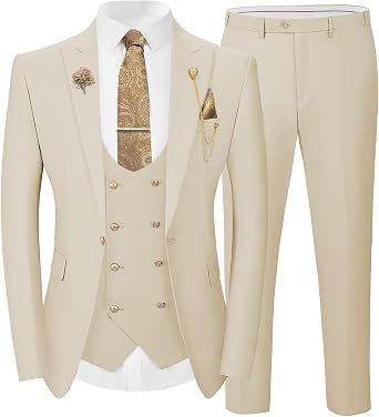 Wangyue 3 Pieces Suits for Mens Slim Fit Gold Button Double Breasted Suit Men Tuxedos Wedding Suits Set Mens White Suit