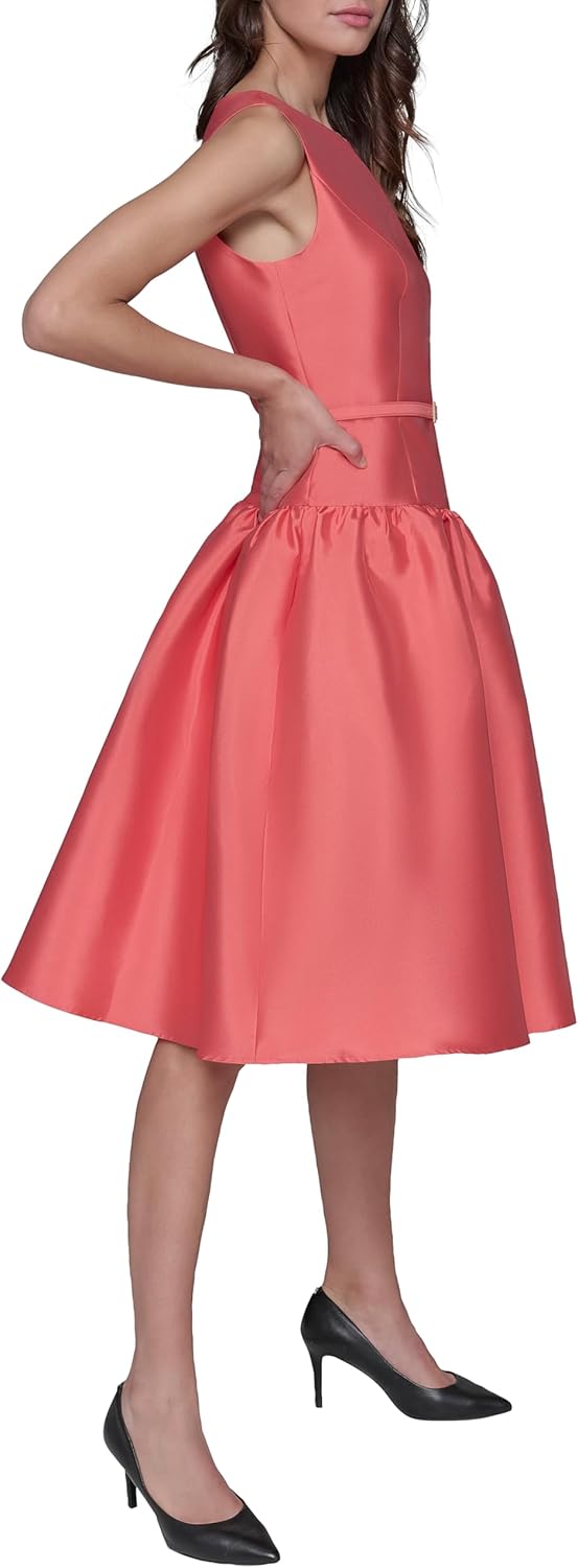 Karl Lagerfeld Womens Sleeveless Boat Neck Drop Waist Belted Midi Dress - Image 2