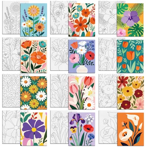 MAYJOYDIY 12 Pcs Pre Drawn Canvas to Painting Flower Theme Pre Printed Canvas for Adults 25×20cm Creamy Style DIY Paint Art Supplies for Beginners, Students, Party Gifts