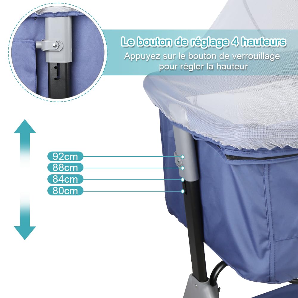 HUOLE 3 in 1 Culla Neonato Fianco Letto, Lettino Neonato Dondolo con Materasso, Culla Co-Sleeping Fino a 25 kg, Altezza Regolabili, Inclinazione di 20°-104 * 52 * 100-110 cm-blu navy