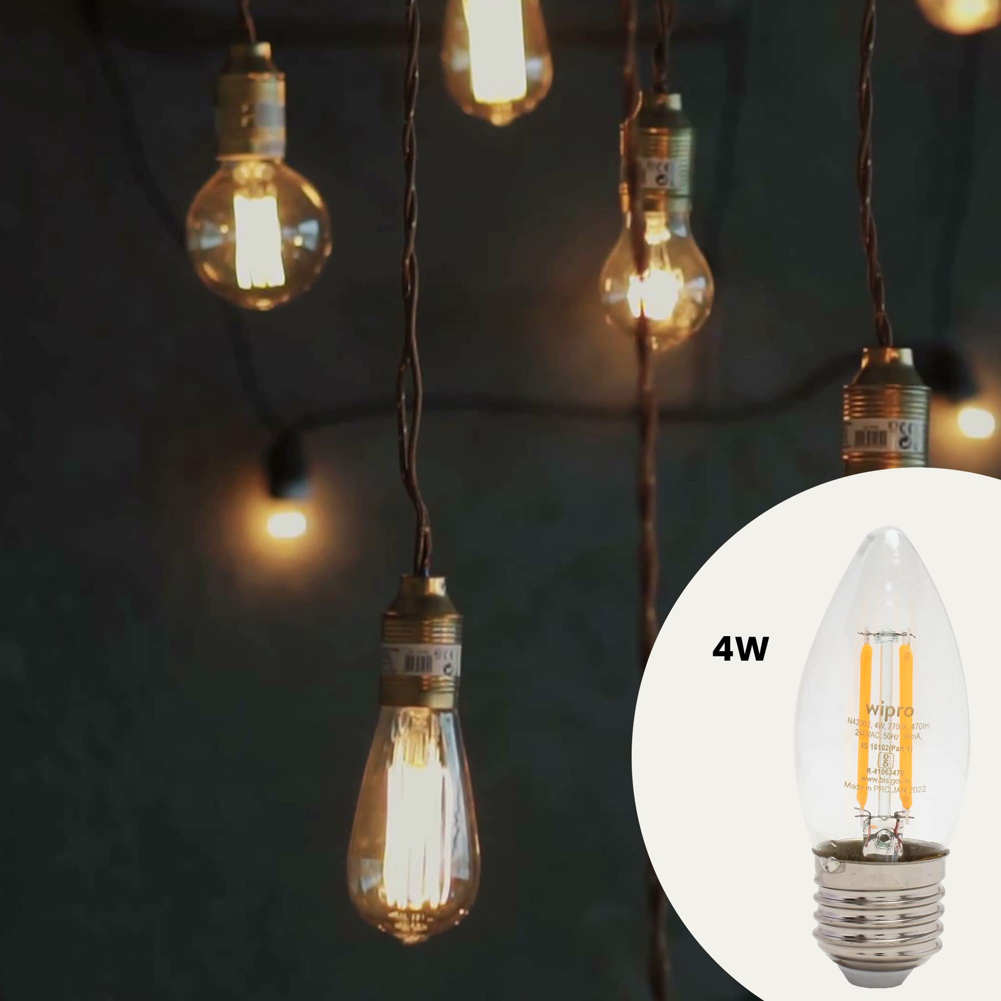 wipro Garnet 4 W E27 Base Candle Filament Bulb | Warm White (2700K) | Pack of 1 | Clear optics for sparkling effect | LED Filament Bulb for Home, office, chandellior, decorative lamp shade — Amazon image 2