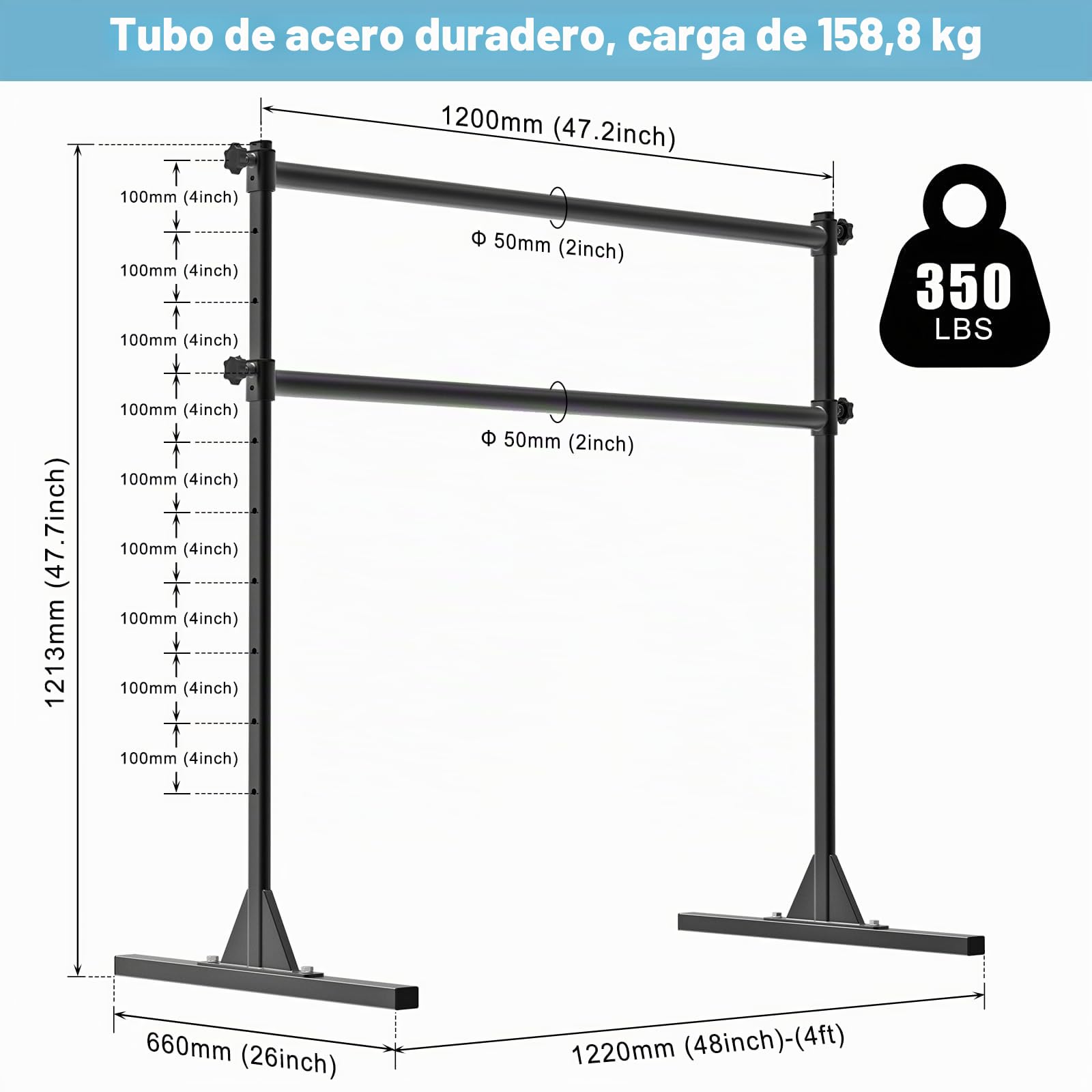 BeneLabel Barra de Ballet Independiente de 1.2m con 10 Alturas Ajustables de 28 a 119 cm, Barra de Ballet de 159 kg de Capacidad, de Uso Intensivo Portátil Doble Barra de Danza para Entrenamiento en