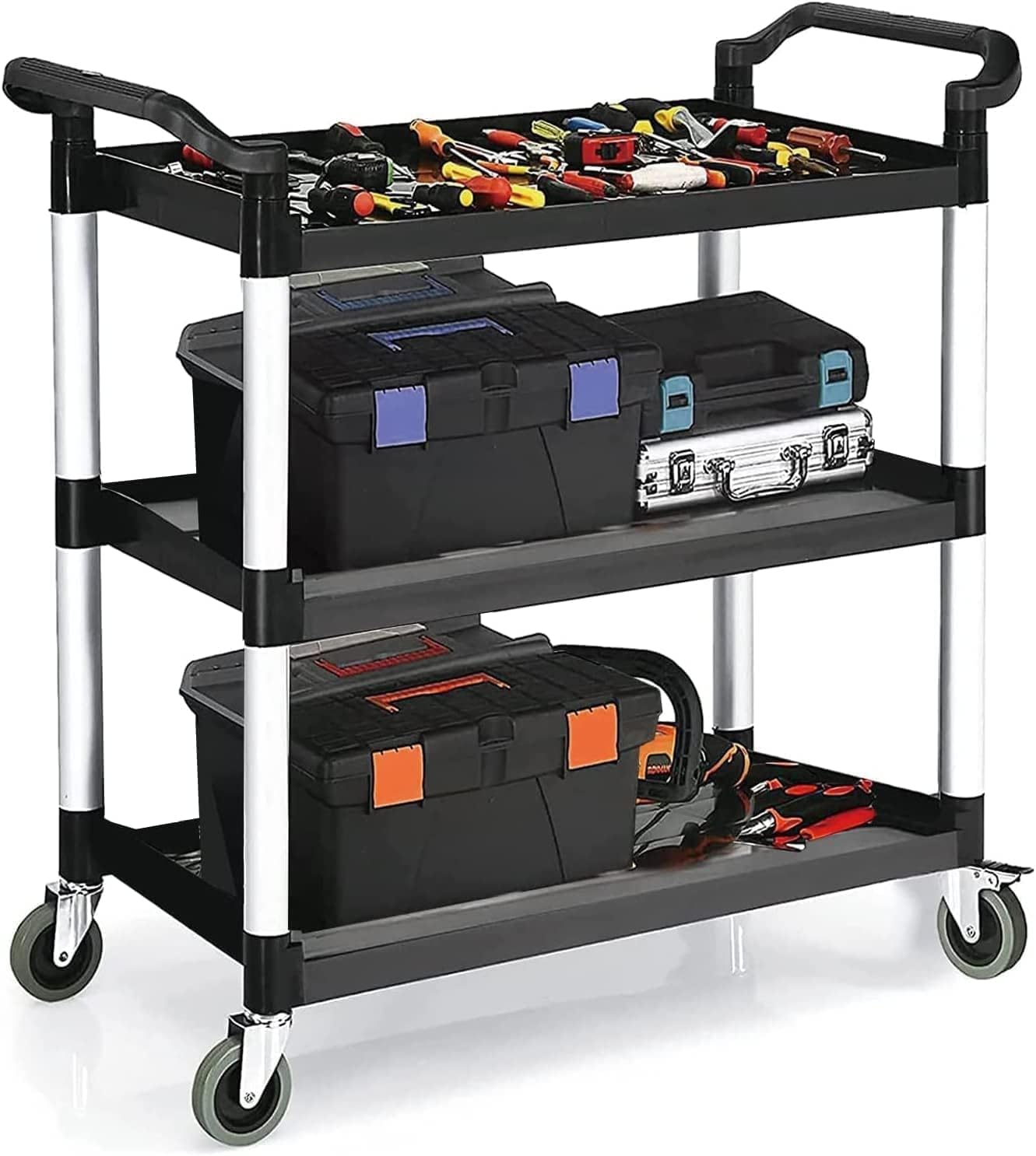 Utility Carts with Wheels, 3-Tier Rolling Cart 510 LBS Capacity Heavy Duty Food Cart with Lockable Wheels and Rubber Hammer for Warehouse, Kitchen, Office, Restaurant, Bathroom