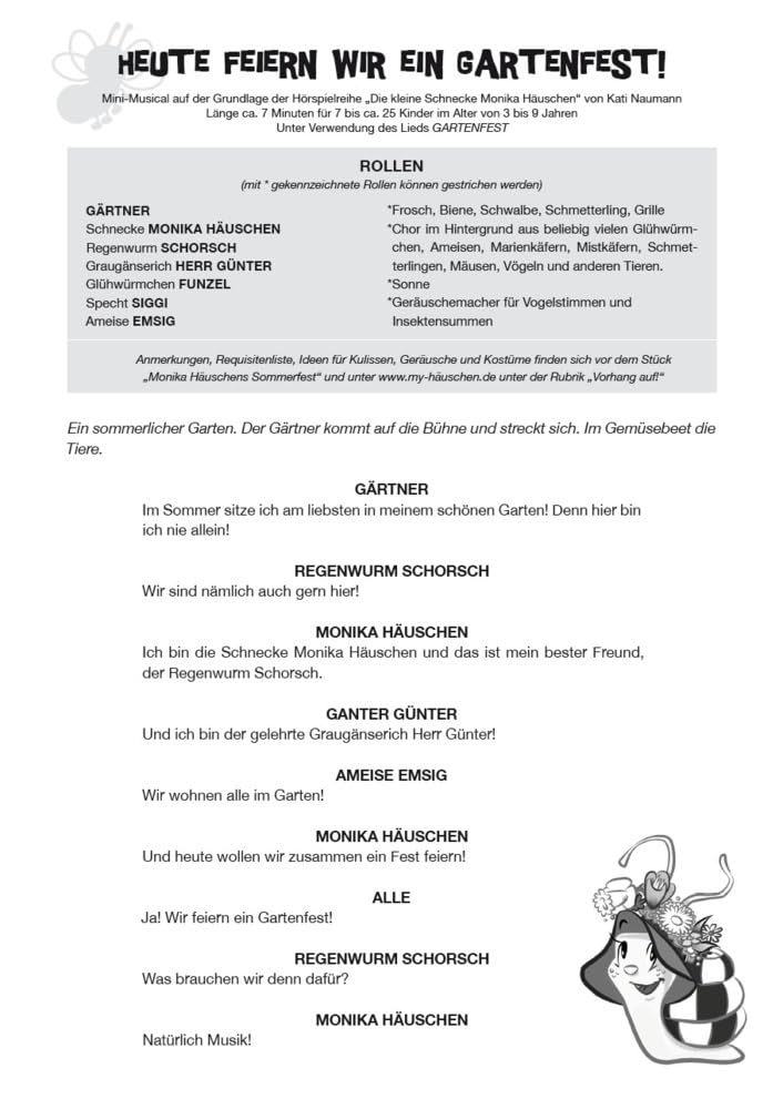 Die Kleine Schnecke Monika Hauschen: Monikas Gartenparty (Auffuhrungsmaterial fur Kindergarten und Grundschulen (Book & CD)): Noten, Songbook, CD für ... für Kindergärten und Grundschulen