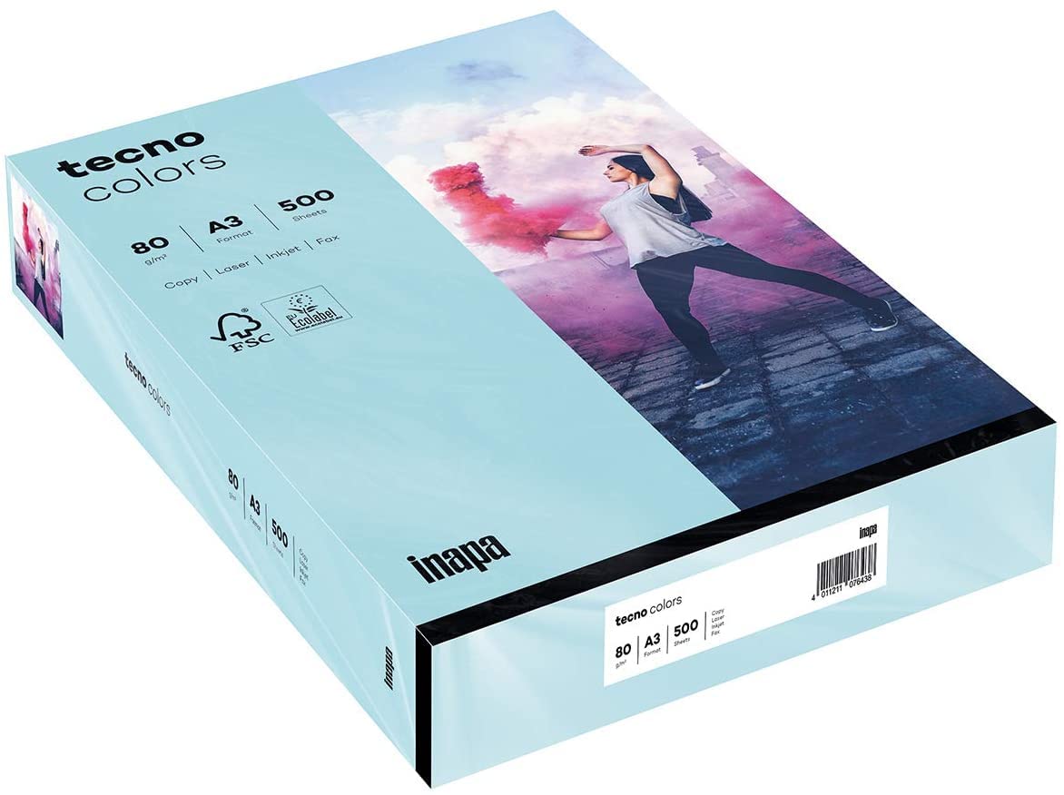 inapa farbiges Druckerpapier, buntes Papier tecno Colors: 80 g/m², A3, 500 Blatt, mittelblau