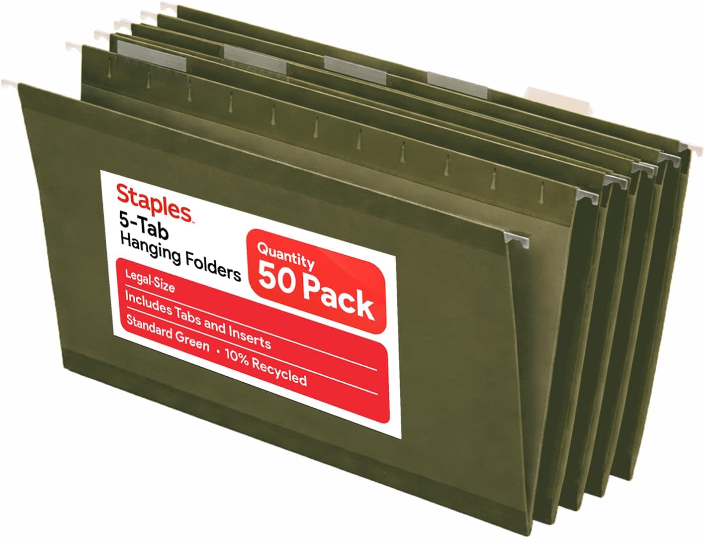 Staples Hanging File Folders, Legal Size, 1/5‑Cut Tabs, Standard Green, Includes Tabs & Paper Inserts – 50/Pack