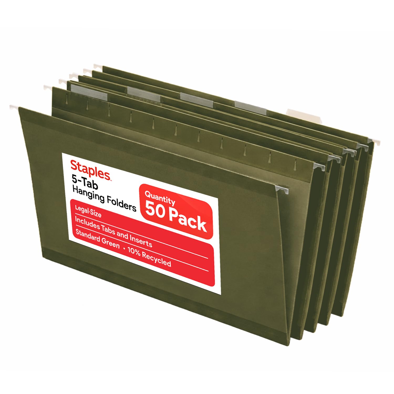 Staples Hanging File Folders, Legal Size, 1/5?Cut Tabs, Standard Green, Includes Tabs & Paper Inserts – 50/Pack