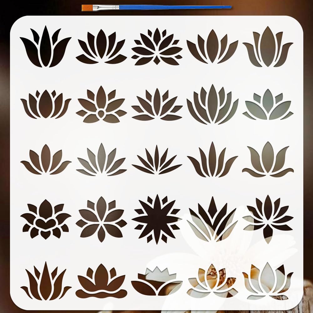 FINGERINSPIRE Lotus Pattern Painting Stencil with Paint Brush 30x30cm 25 Styles Reusable Lotus Silhouette Drawing Template Plastic PET Flower Pattern Stencil Plant Theme Template for Decor