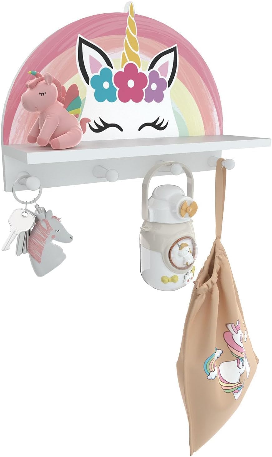 Garybank Unicorn Wall Shelf Decor for Girls Bedroom, Rainbow Decoration Kids Coat Rack with Hooks, Floating Stand Wall Mounted Kids Coat Rack Decor for Girls Bedroom, Wooden Peg Shelf for Clothes