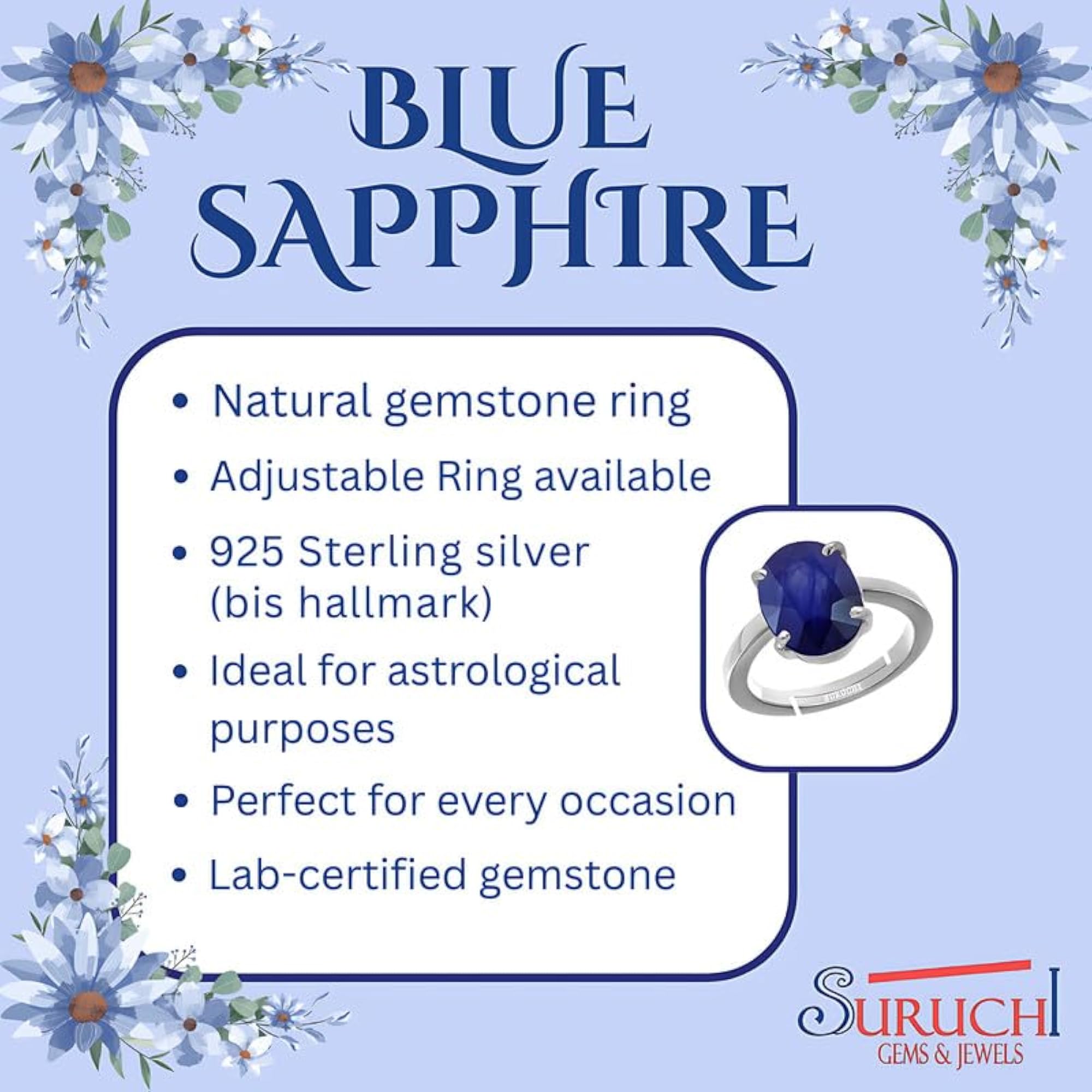 Women's Blue Sapphire 4.25 Ratti Adjustable Ring, Certified Natural Gemstone