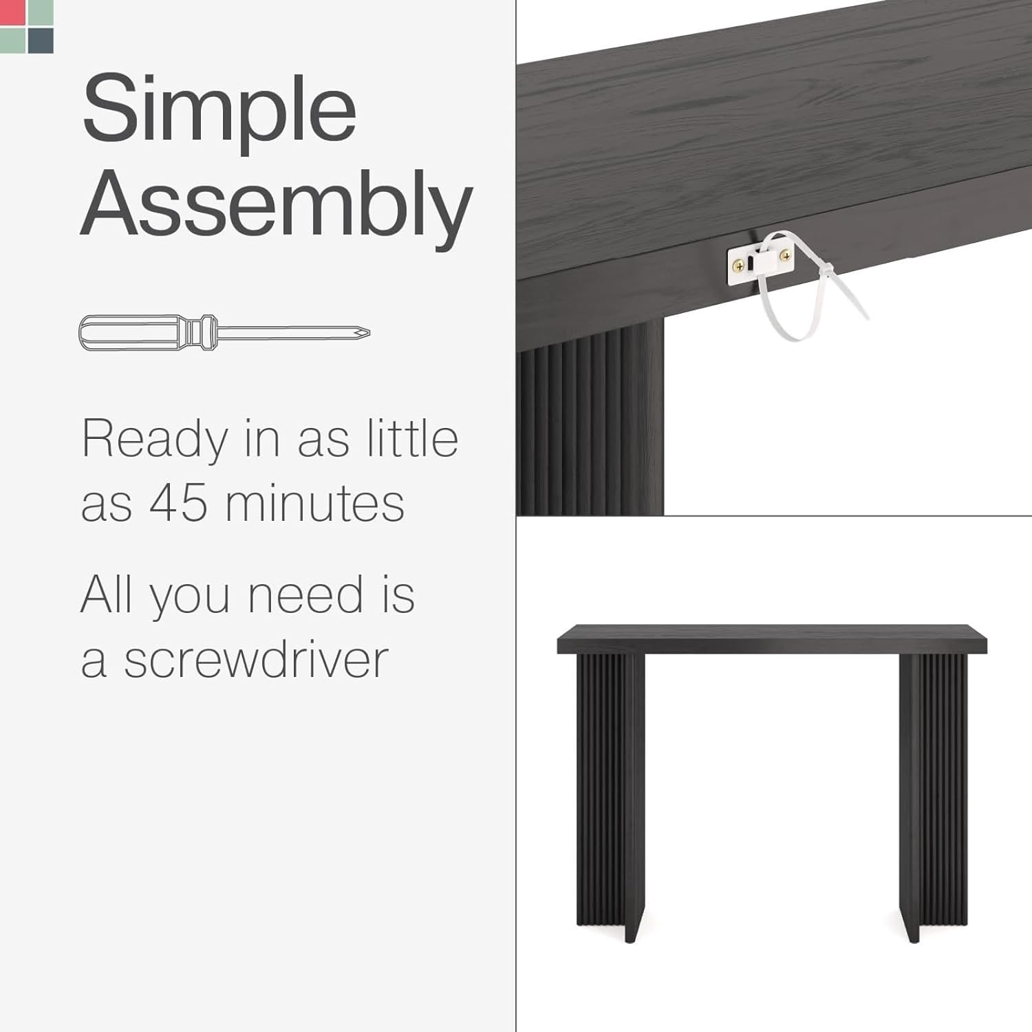 Fluted Console Table - Small Entry Desk for Narrow Spaces - Modern, Mid-Century Home Decor - Living Room Furniture - Solid Wood Entryway Table - Fluted Cross Bass and Rectangular Top (Black)