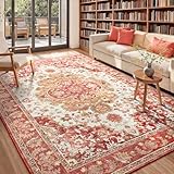 Opreine 8x10 Area Rug for Living Room, Machine Washable Rugs with Non-Slip Backing for Bedroom, Vintage Throw Rugs Low Pile Carpet for Dining Room Kitchen Office Home Decor, Red