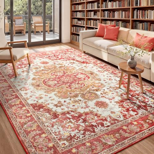 Opreine 8x10 Area Rug for Living Room, Machine Washable Rugs with Non-Slip Backing for Bedroom, Vintage Throw Rugs Low Pile Carpet for Dining Room Kitchen Office Home Decor, Red