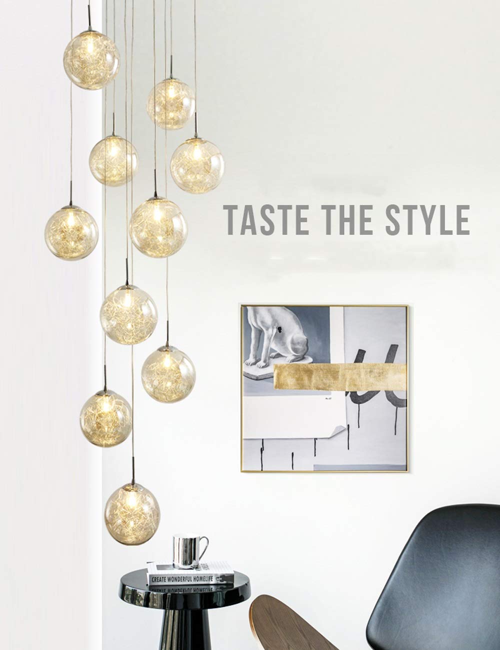 Lampadario a Sospensione Duplex per Scale, con 10 Sfere Cave in Vetro per Soggiorno, Girevole, 40x200 cm, lampadine Incluse.