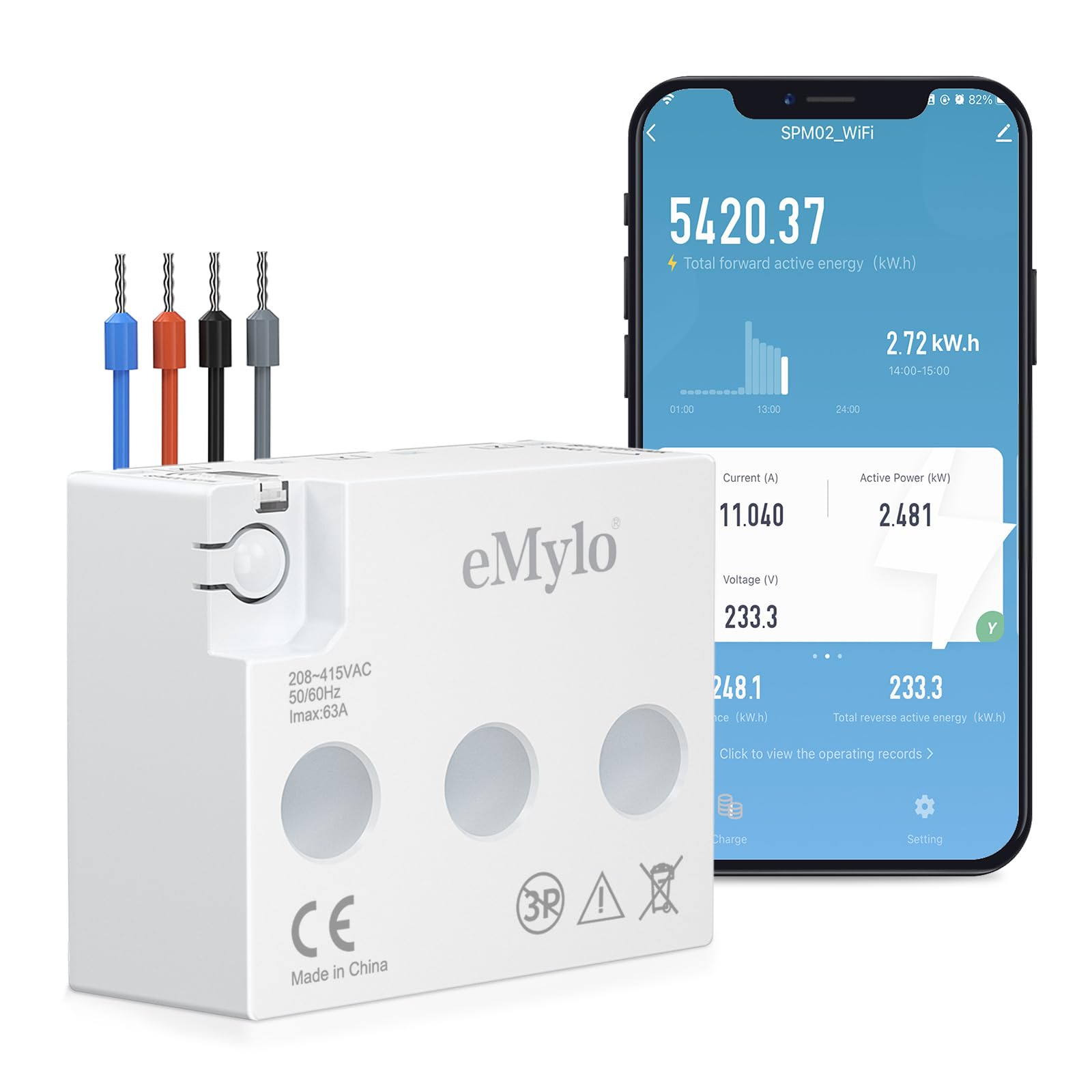 eMylo Smart Meter Energy Monitor, 3-Phase Electricity Usage Monitor, 99% High Accuracy for Home Appliances/Solar/Net Metering, Imported Chips with a Long Lifespan