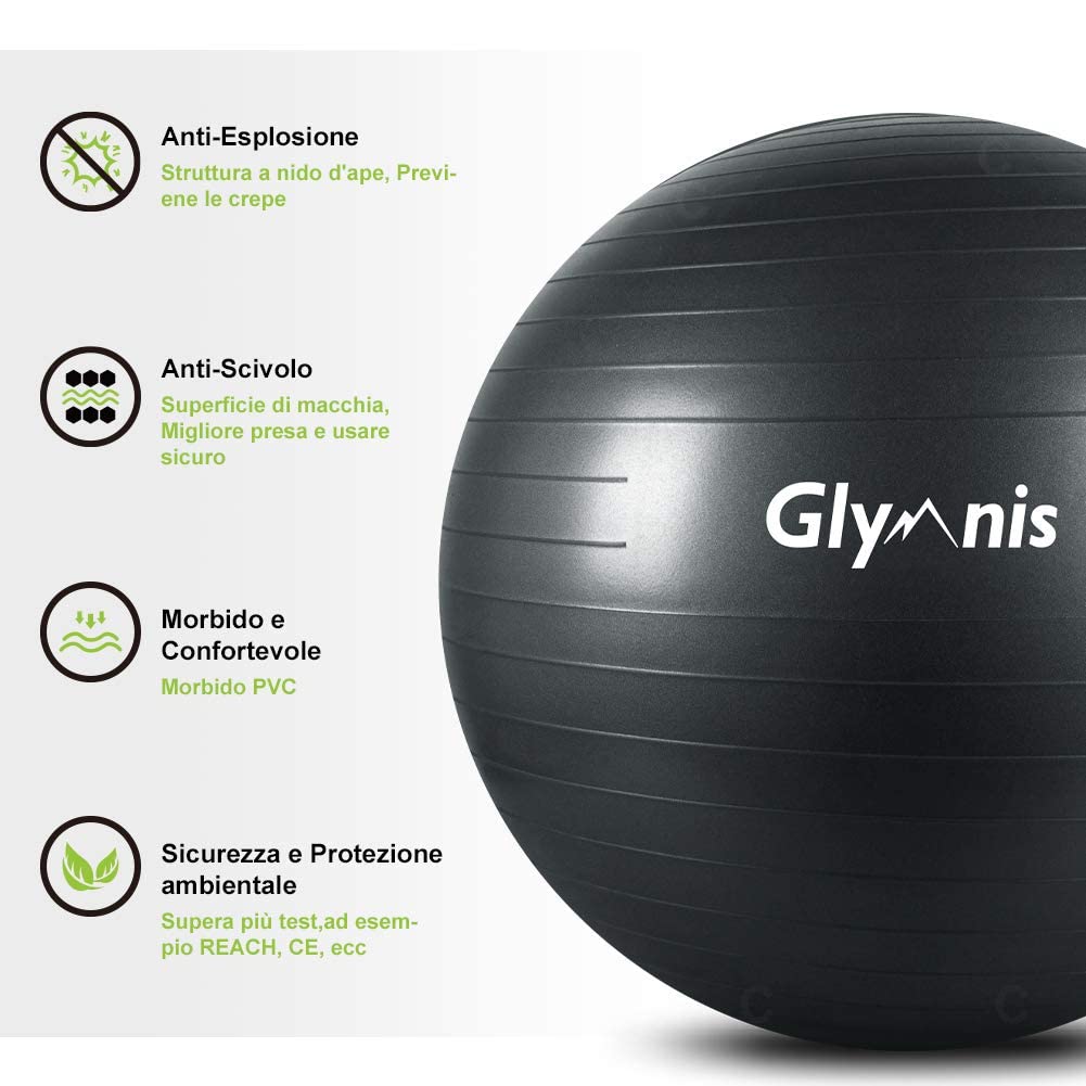 Glymnis Palla Fitness Palla da Ginnastica 55cm/65cm/75cm Palla Pilates Anti-Scoppio Carico Massimo di 300kg, Palla Yoga Anitiscivolo con Pompa Rapida per Pilates Allenamento Yoga e Fitness
