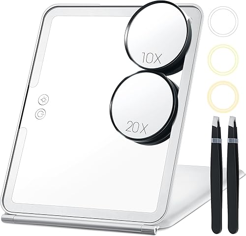 Soaoo Espejo de maquillaje grande con redondo 10X, espejo de aumento 20X, pinzas, espejo de maquillaje iluminado de viaje, iluminación de 3 colores,