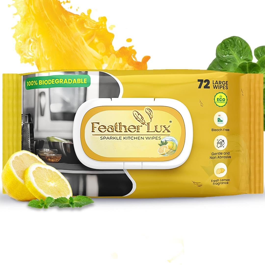 Wipes Premium Kitchen 72 Pack, Lemon Scent – Extra Strong Biodegradable Multi-Surface Cleaning Wipes Remove Grease Grime & Bacteria with Eco-Friendly Plastic-Free Formula by Feather Lux