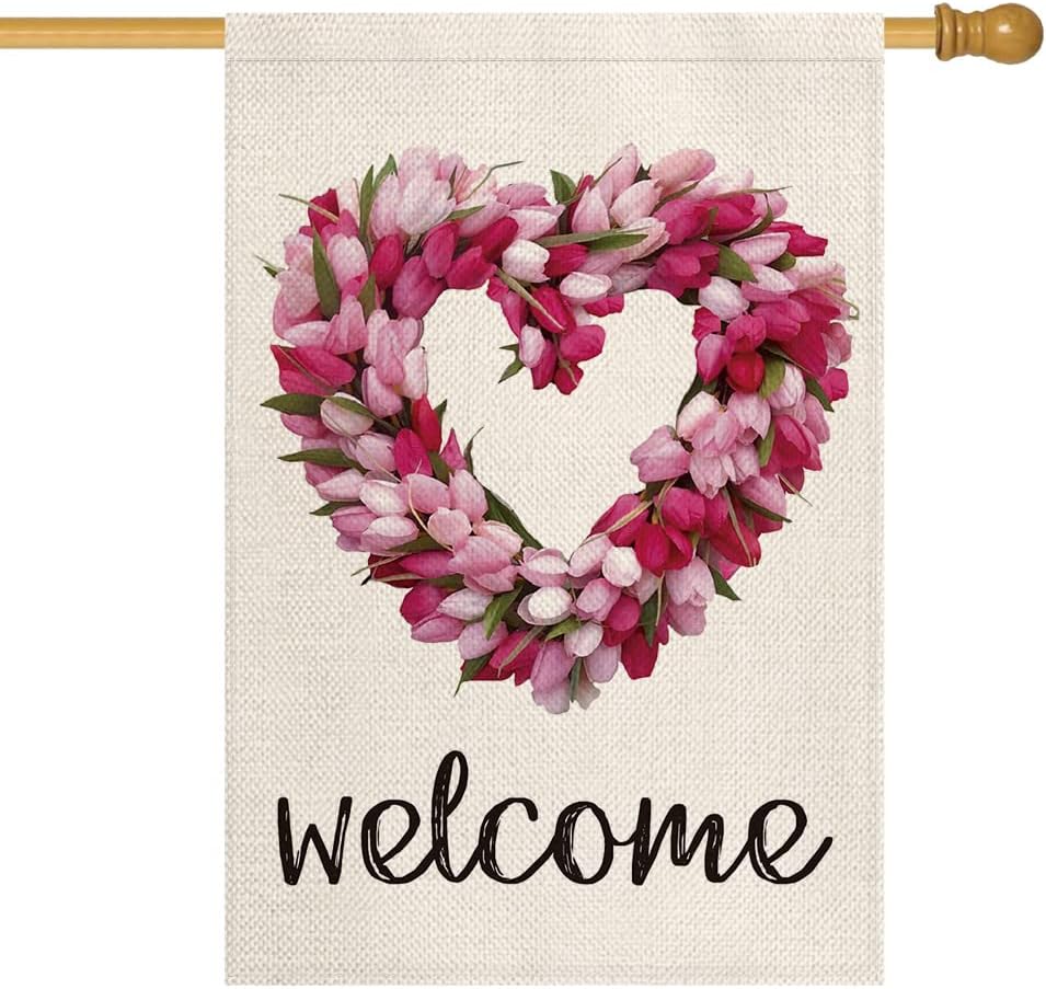 AVOIN colorlife Welcome Tulip Love Heart Valentine's Day House Flag Outside Double Sided, Anniversary Wedding Mother's Day Yard Outdoor Decoration 28x40 Inch