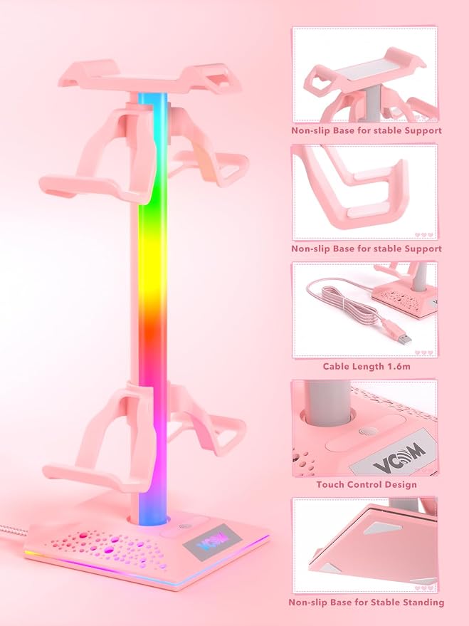 Soporte para Auriculares VCOM RGB con 2 Puertos USB Rosa miniatura 5