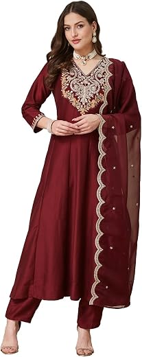 MOKOSH Women's Silk Embroidered Anarkali Kurta and Pant with Dupatta Set (DM-475)