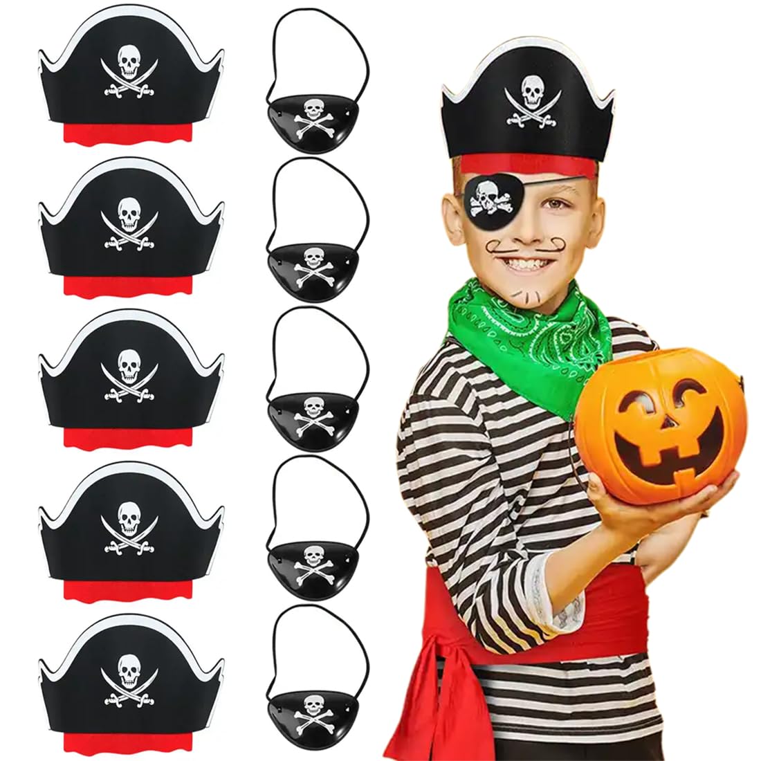 EIHI Juego de 5 Piezas Banda Ojo Pirata Sombrero Fieltro Pirata Accesorios Niño, Regalo Cumpleaños Disfraz Halloween Carnaval Decoraciones Tema Fiesta Cosplay Niños