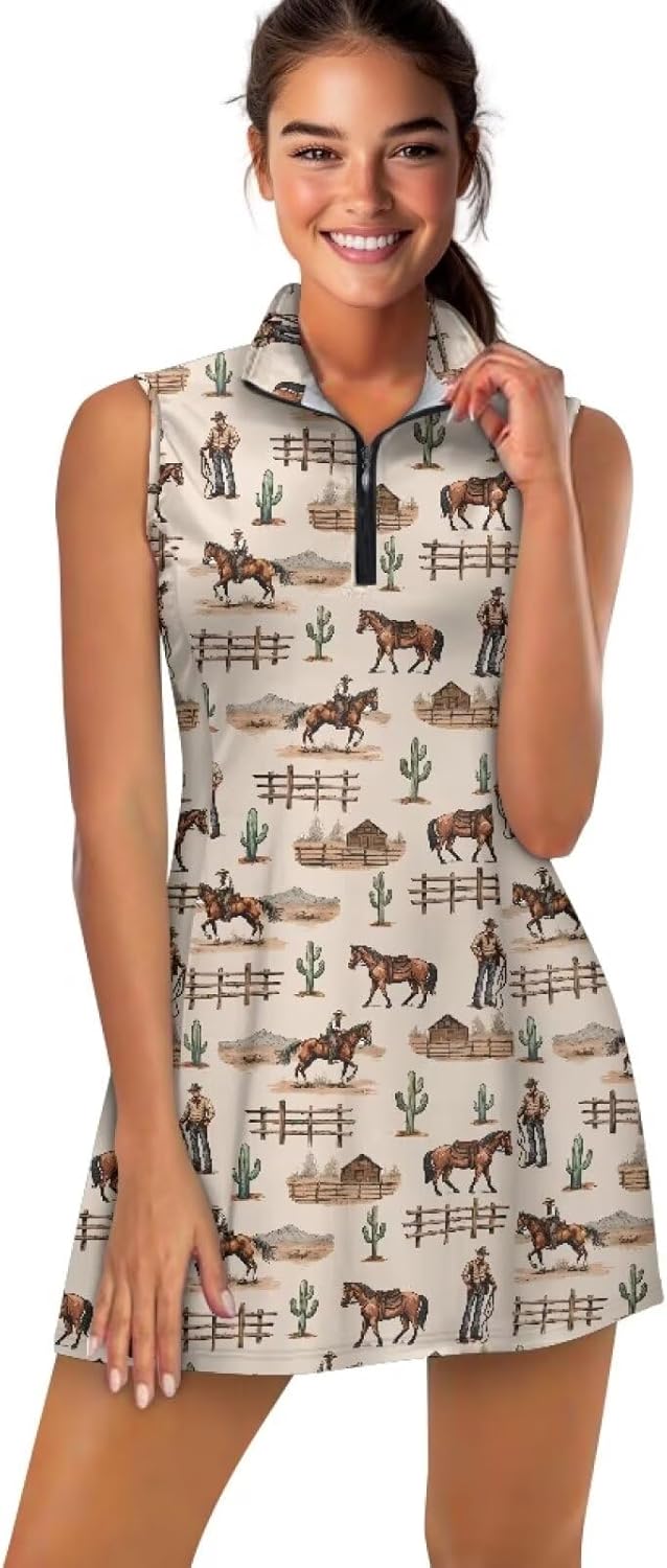 Golf Dresses for Women Tennis Dresses with Shorts Quarter Zipper V-Neck Sport Activewear