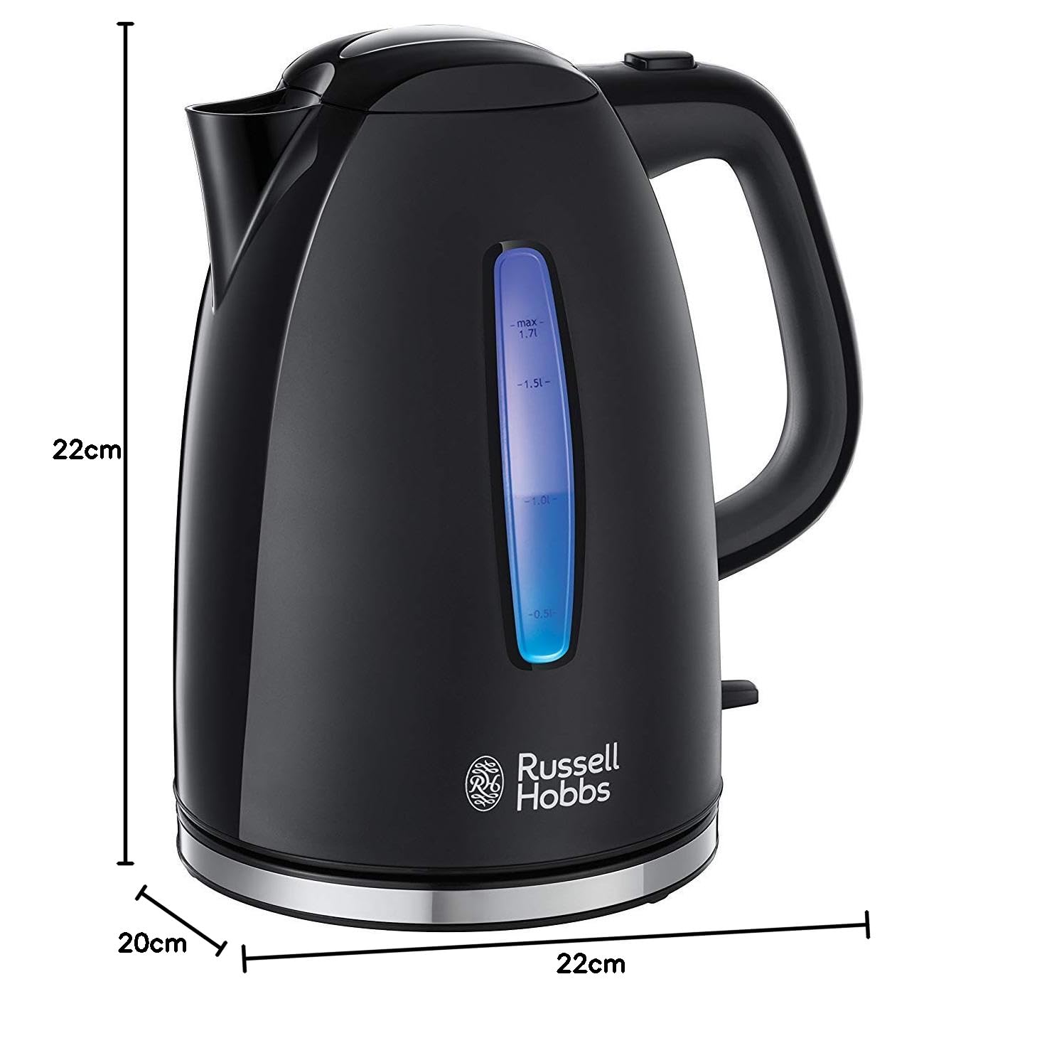 Russell Hobbs czajnik elektryczny, moc 2400W, 1.7L, strefy szybkiego gotowania, filtr antywapienny, kontroler strix, niebieskie podświetlenie, obrotowa podstawka, czarny mat, Textures Plus 22591-70
